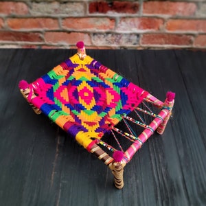 Miniature hand woven colorful Charpai/manji,Home decor,Miniature bed,Unique decor,Sindhi home decor,Tribal home decor,Wooden Charpai Manji