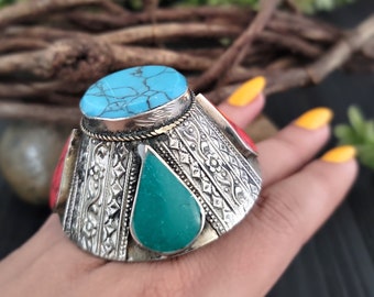 Chunky turquoise ring,Afghan ring,Kuchi tribal ring,Gypsy large ring,Afghan jewelry,Unique ring,Turquoise jewelry,Two finger ring,Red stones