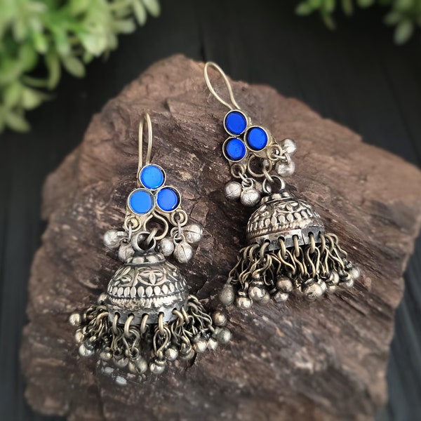 Blue Jhumka,Silver tone Jhumka,Large Jhumka,Tribal Jhumka,Vintage earring,Large earring
