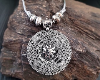 Black and silver tone necklace,Tibetan pendant necklace,Gypsy necklace,Silver tone pendant,Tibetan jewelry,Bohemian necklace