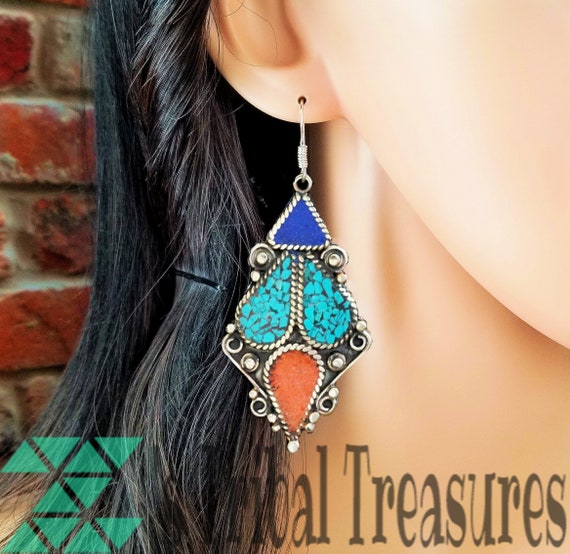 Nepali lapis coral and turquoise earrings,Ethnic … - image 7