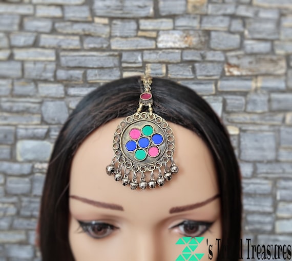 Multi Gem Maang Tikka,Tribal forehead jewelry,Mat… - image 1