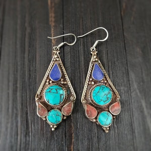 Nepali lapis coral and turquoise earrings,Ethnic earrings,Tibetan silver earring,Tribal earring,Turquoise earring,Gift for her,Free shipping