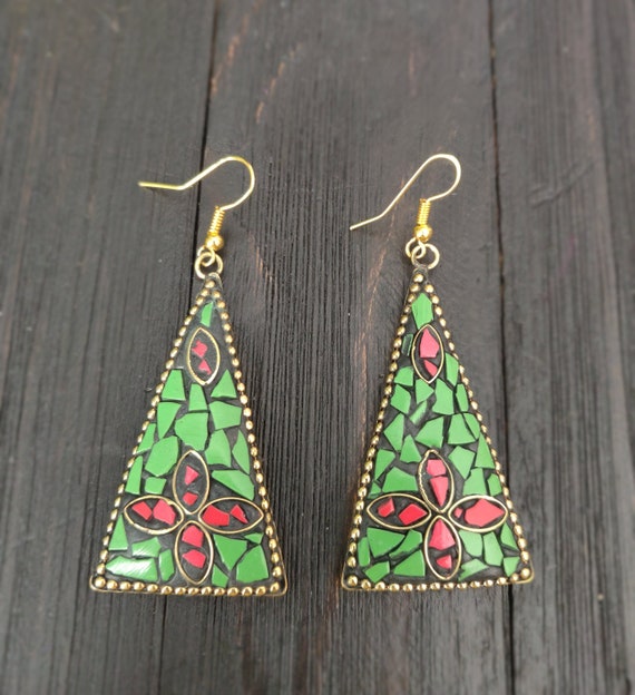 Green And Red stone Earring,Sky Blue Earring,Bras… - image 4