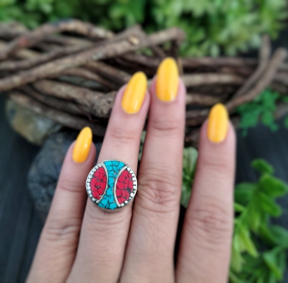 Tibetan earring and ring set,Turquoise ring,Turquoise earring,Nepali ring,Tibetan jewely,Tibetan earrings,Coral ring,Tibetan coral