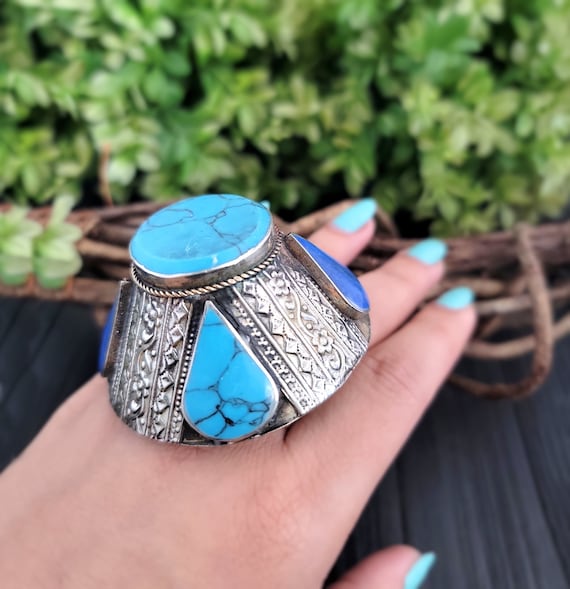 Chunky lapis and turquoise ring,Afghan ring,Kuchi 