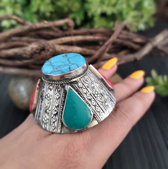 Chunky turquoise ring,Afghan ring,Kuchi tribal ri… - image 1