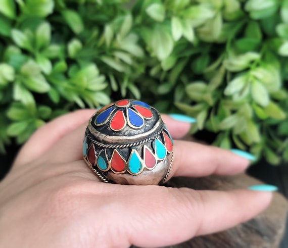Afghan Dome Statement Ring,Lapis Ring,Turquoise R… - image 1