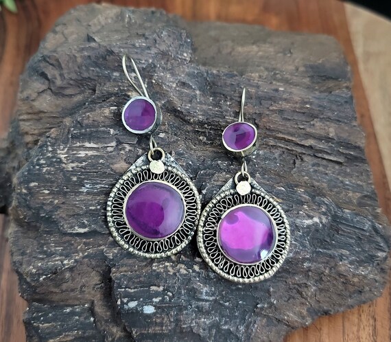 Purple earring,Kuchi earring,Boho earring,Purple jewelry,Round earring,Statement earring,Boho styles