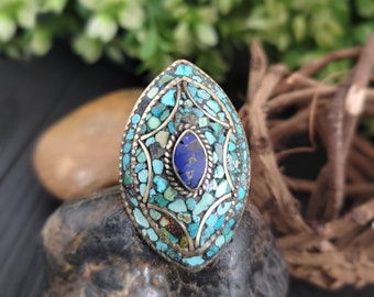 Lapis and Turquoise Tibetan mosaic inlay ring,Nepali ring,Turquoise ring,Statement ring,Multi stone ring,Ring for her,Lapis stone