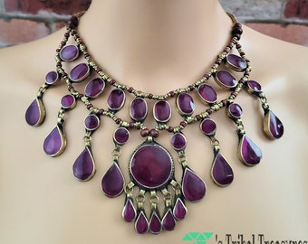 Green howlite stone necklace,Afghan necklace,Bib necklace,Kuchi necklace,Boho jewelry,Yellow necklace,Purple necklace,Orange necklace