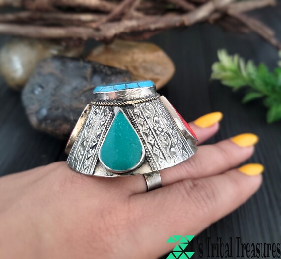 Chunky turquoise ring,Afghan ring,Kuchi tribal ri… - image 8