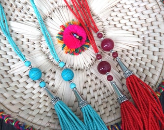 Collar de cuentas de varias hebras, collar de cuentas de rubí indio, collar de cuentas de turquesa, collar de cuentas de semillas, collar de cuentas de semillas en capas