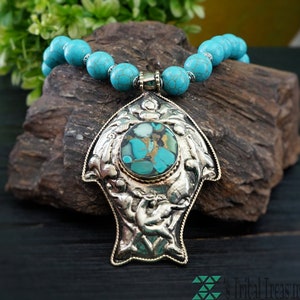 Tibetaanse turquoise kralenketting, howliet turkoois kralen, hanger, vishanger, blauwe kralenketting, Tibetaanse sieraden, turkooizen ketting