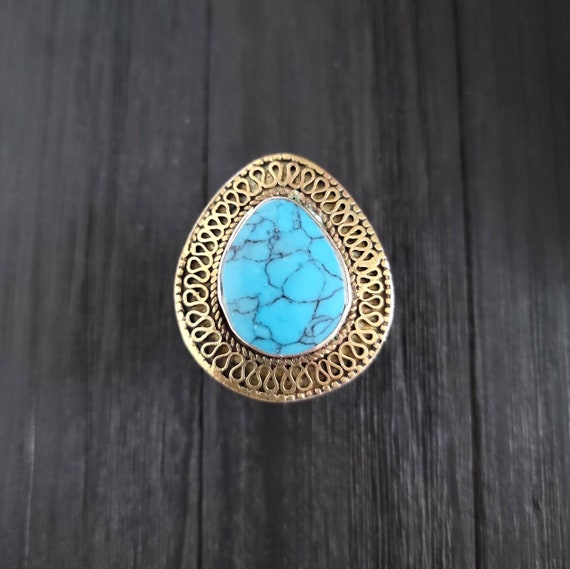 Large turquoise teardrop shape stone ring,Afghan … - image 1