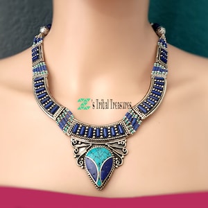 Lapis en turquoise ketting, statement-ketting, Nepalese ketting, boeddhistische ketting, Tibetaanse sieraden, halfedelstenen, lapis-ketting