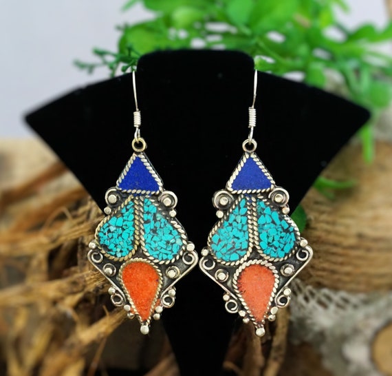 Nepali lapis coral and turquoise earrings,Ethnic … - image 4