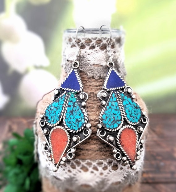 Nepali lapis coral and turquoise earrings,Ethnic … - image 2