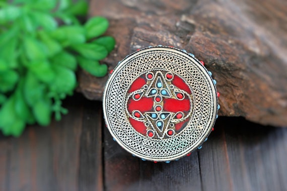 Afghan red and silver tone ring box,Prayer box,Je… - image 1