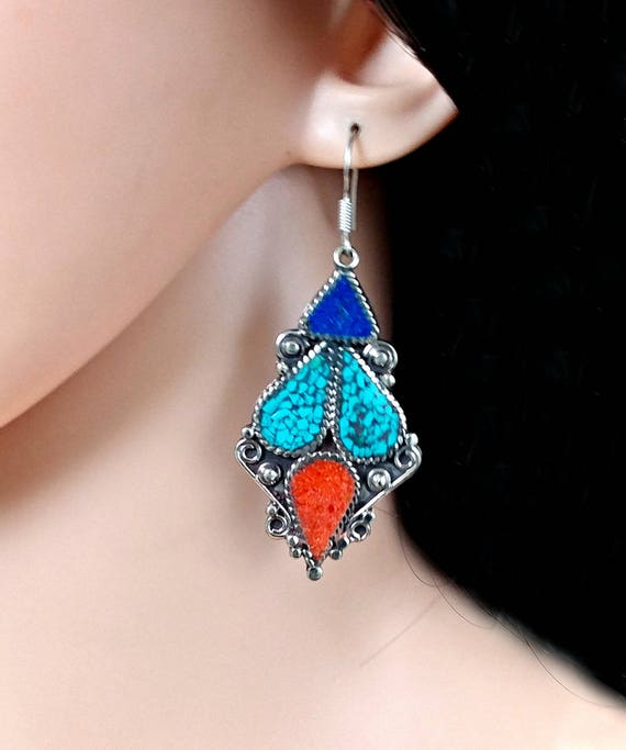 Nepali lapis coral and turquoise earrings,Ethnic … - image 5