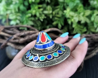 Afghan lapis and Turquoise Ring,Afghan Spike Ring,Gypsy Turquoise Ring,Kuchi Dome Ring,Chunky Ring,Statement Ring,Afghan Silver Ring