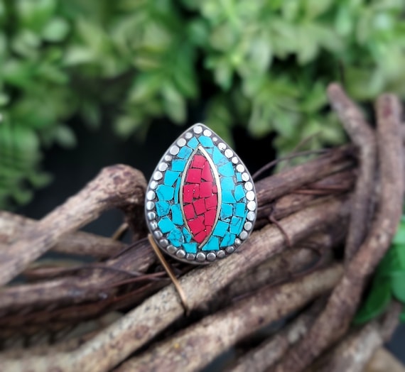 Tibetan earring and ring set,Turquoise ring,Turquoise earring,Nepali ring,Tibetan jewely,Tibetan earrings,Coral ring,Tibetan coral