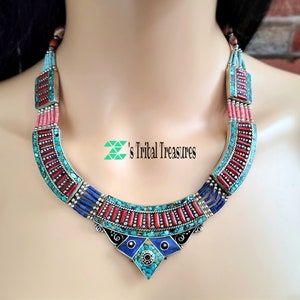 Lapis en turquoise ketting, statementketting, Nepalese ketting, boeddhistische ketting, Tibetaanse sieraden, halfedelsteen, turquoise ketting