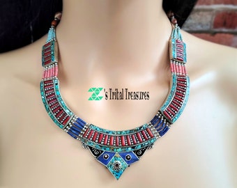 Collar de lapislázuli y turquesa, collar llamativo, collar nepalí, collar budista, joyería tibetana, piedra semipreciosa, collar de turquesa