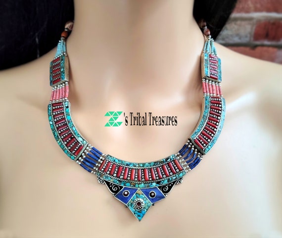 Lapis and turquoise necklace,Statement necklace,N… - image 1