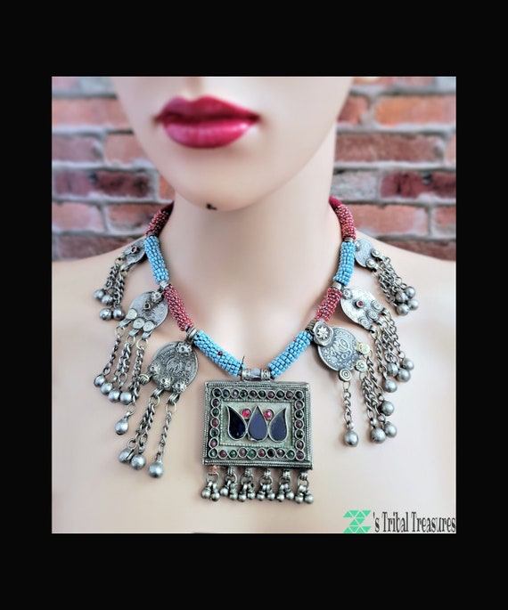 Kuchi coin necklace,Beaded necklace,Tribal necklace,Afghan necklace,Gypsy necklace,Coin jewelry,Vintage coin necklace,Taweez necklace
