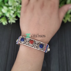 Lapis and coral bracelet,Tibetan coral bracelet,Tibetan jewelry,Ethnic tribal style bracelet,Buddhist jewelry,Lapis cuff bracelet
