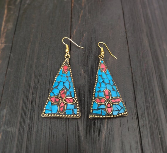 Green And Red stone Earring,Sky Blue Earring,Bras… - image 1