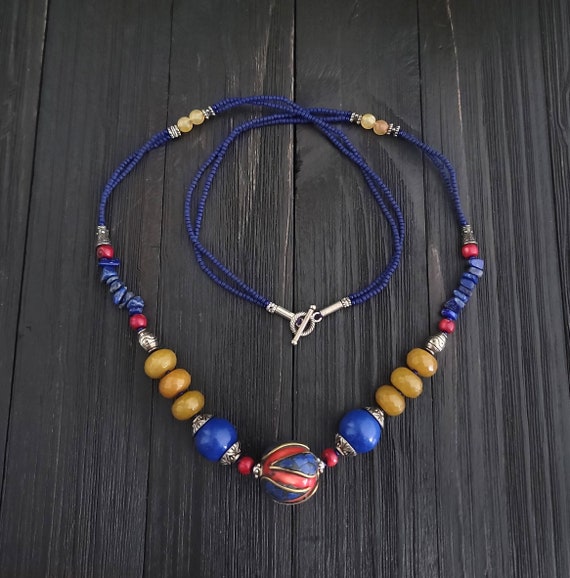 Tibetan beaded necklace,Lapis necklace,Lapis bead… - image 1