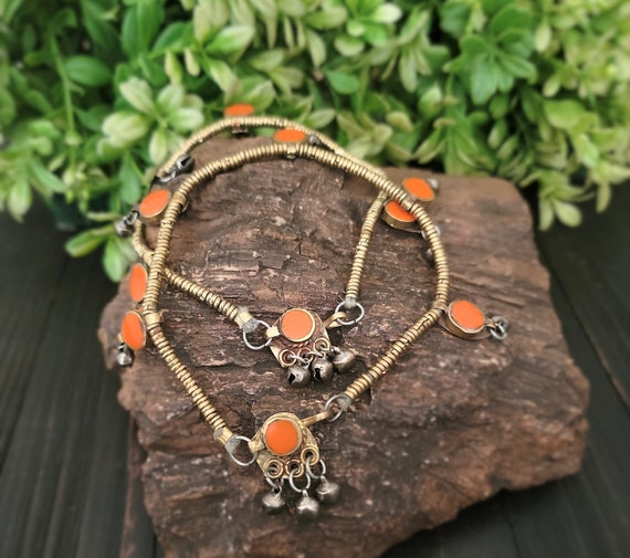 Orange enamel stone Anklet pair ,Gypsy anklet,Afg… - image 3