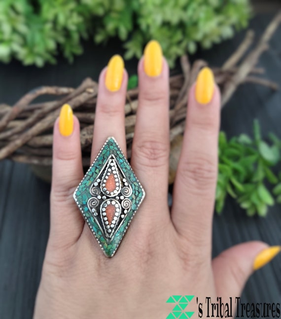 Coral and turquoise mosaic inlay ring,Tibetan ring