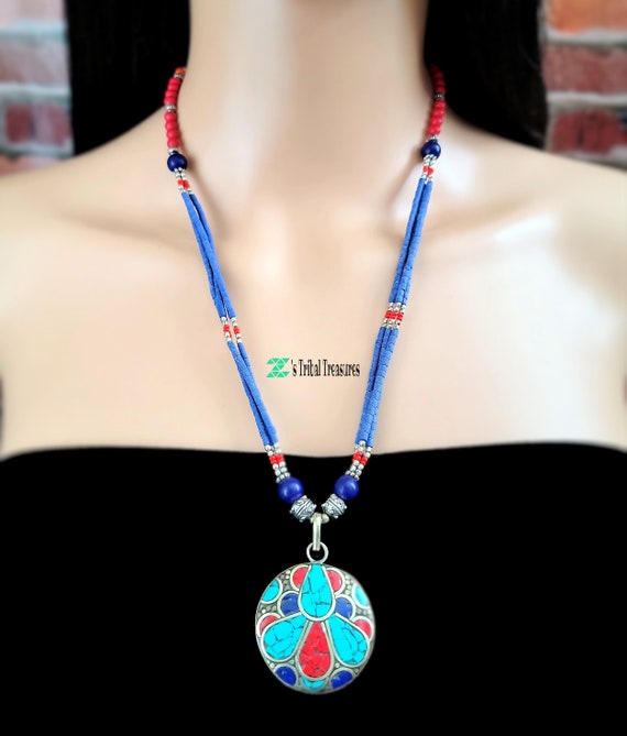 Tibetan pendant necklace,Lapis beaded necklace,Lap