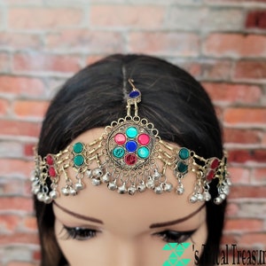 Red and Green Tribal Forehead Band,Belly Dance Jewelry,Gypsy Headdress,Head jewelry,Head bend,Hair jewelry,Headdress,Afghan Tribal headdress