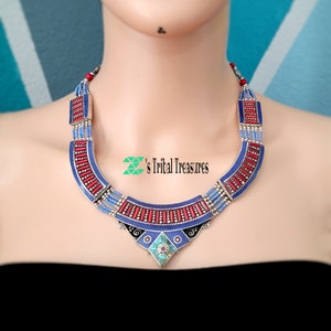 Koraal en turquoise ketting, statement-ketting, Nepalese ketting, boeddhistische ketting, Tibetaanse sieraden, halfedelstenen, lapis-ketting