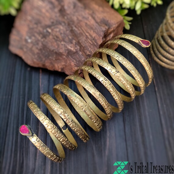 Golden brass tribal cuff,Ethnic bracelet,Spiral c… - image 2