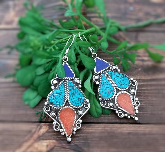 Nepali lapis coral and turquoise earrings,Ethnic … - image 6