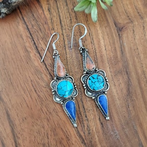 Tibetan coral lapis and turquoise earring,Ethnic earring,Tibetan silver earring,Earrings,Turquoise,Gift for her,Turquoise,Silver earring