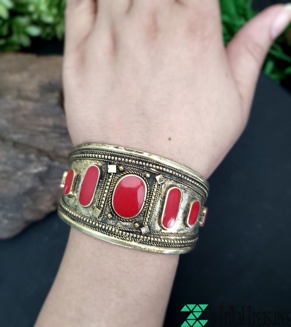 Red enamel stones Afghan cuff,Red cuff bracelet,Ku
