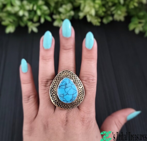 Large turquoise teardrop shape stone ring,Afghan … - image 4