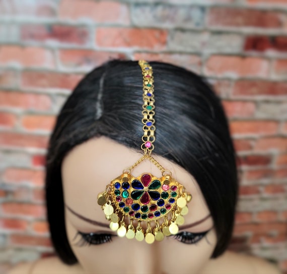 Gold Tone Maang Tikka,Tribal forehead jewelry,Mat… - image 2