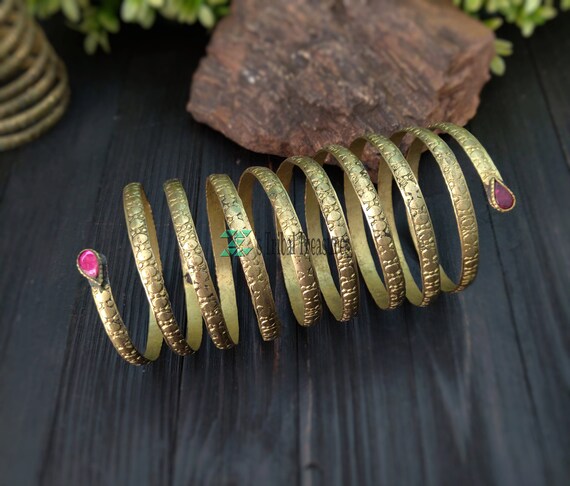 Golden brass tribal cuff,Ethnic bracelet,Spiral c… - image 4