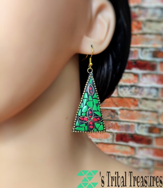 Green And Red stone Earring,Sky Blue Earring,Bras… - image 3
