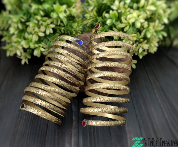 Golden brass tribal cuff,Ethnic bracelet,Spiral c… - image 1