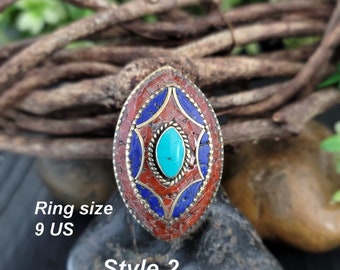 Lapis coral,and Turquoise Tibetan mosaic inlay ring,Nepali coral ring,Turquoise ring,Statement ring,Multi stone ring,Ring for her