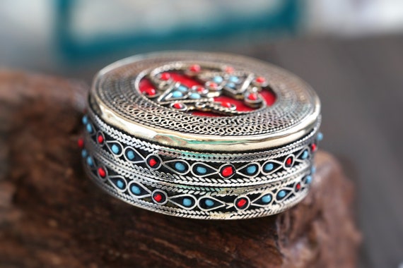 Afghan red and silver tone ring box,Prayer box,Je… - image 4