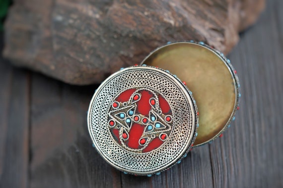 Afghan red and silver tone ring box,Prayer box,Je… - image 2